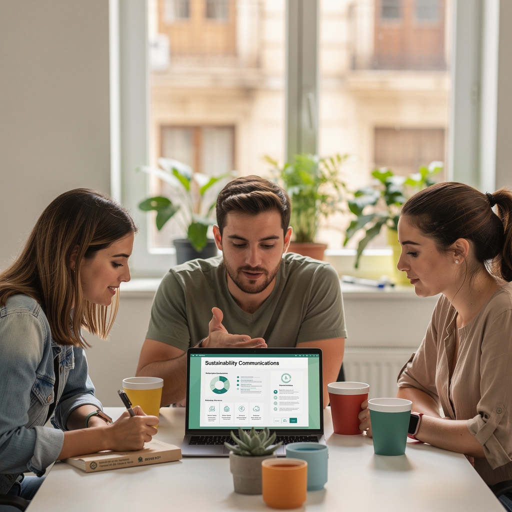 Equipo trabajando en comunicación sostenible para negocio